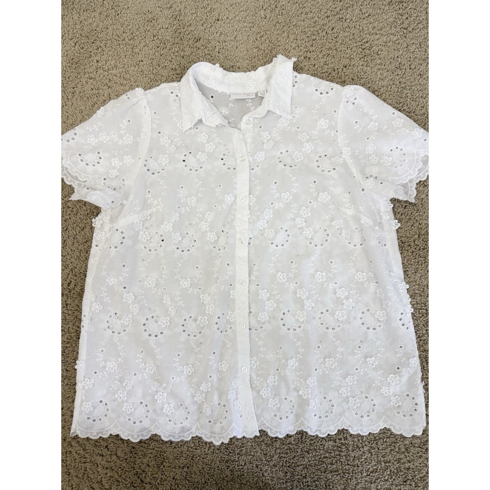 SUSAN GRAVER Pure Eyelet Applique 3D Button Front SHIRT Top 1X White Lace - Picture 12 of 14